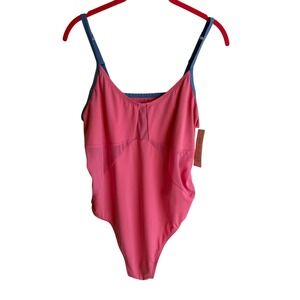 NWT COLSIE Heart Pink and Blue Trim Pull-On Mesh Ladies Body Suit, XL